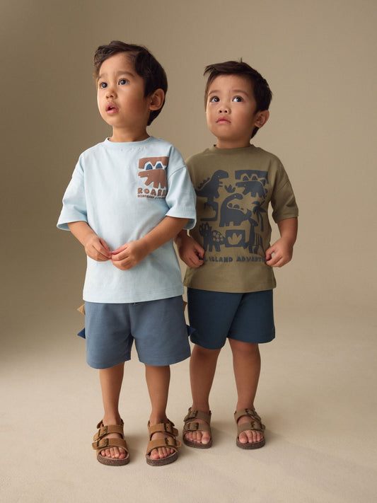 Blue/Brown Dinosaur Spikes Short Sleeve T-Shirt and Shorts Set 2 Pack (3mths-7yrs) image 1