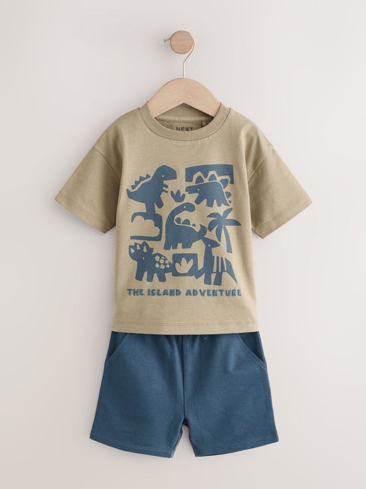 Blue/Brown Dinosaur Spikes Short Sleeve T-Shirt and Shorts Set 2 Pack (3mths-7yrs) image 3