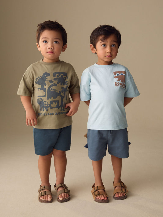 Blue/Brown Dinosaur Spikes Short Sleeve T-Shirt and Shorts Set 2 Pack (3mths-7yrs) image 2