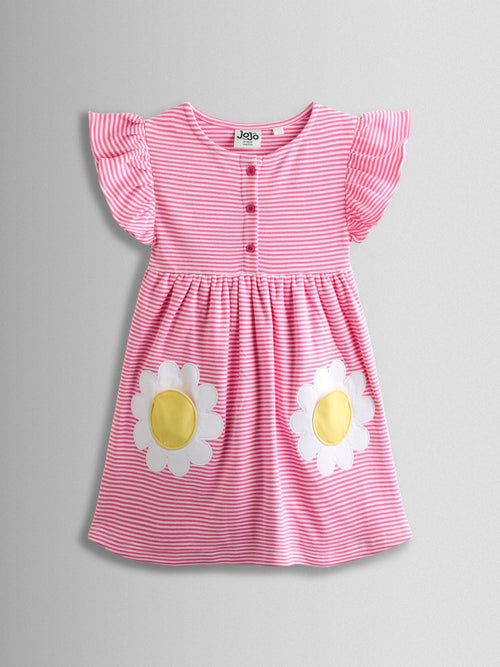 JoJo Maman Bébé Pink Daisy Appliqué Button Front Dress image 1