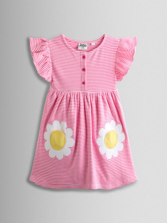 JoJo Maman Bébé Pink Daisy Appliqué Button Front Dress image 1