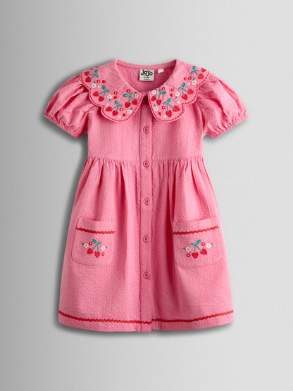 JoJo Maman Bébé Pink Cherry Embroidered Collared Button Through Dress image 1