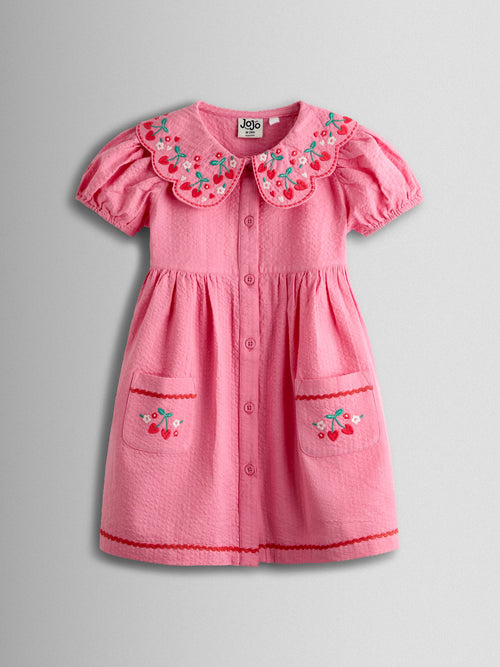 Dsiney Kidz - JoJo Maman Bébé Pink Cherry Embroidered Collared Button Through Dress image 1