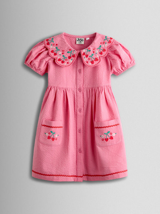 JoJo Maman Bébé Pink Cherry Embroidered Collared Button Through Dress image 1