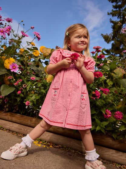 JoJo Maman Bébé Pink Cherry Embroidered Collared Button Through Dress image 3