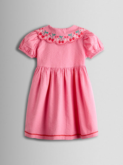 JoJo Maman Bébé Pink Cherry Embroidered Collared Button Through Dress image 5