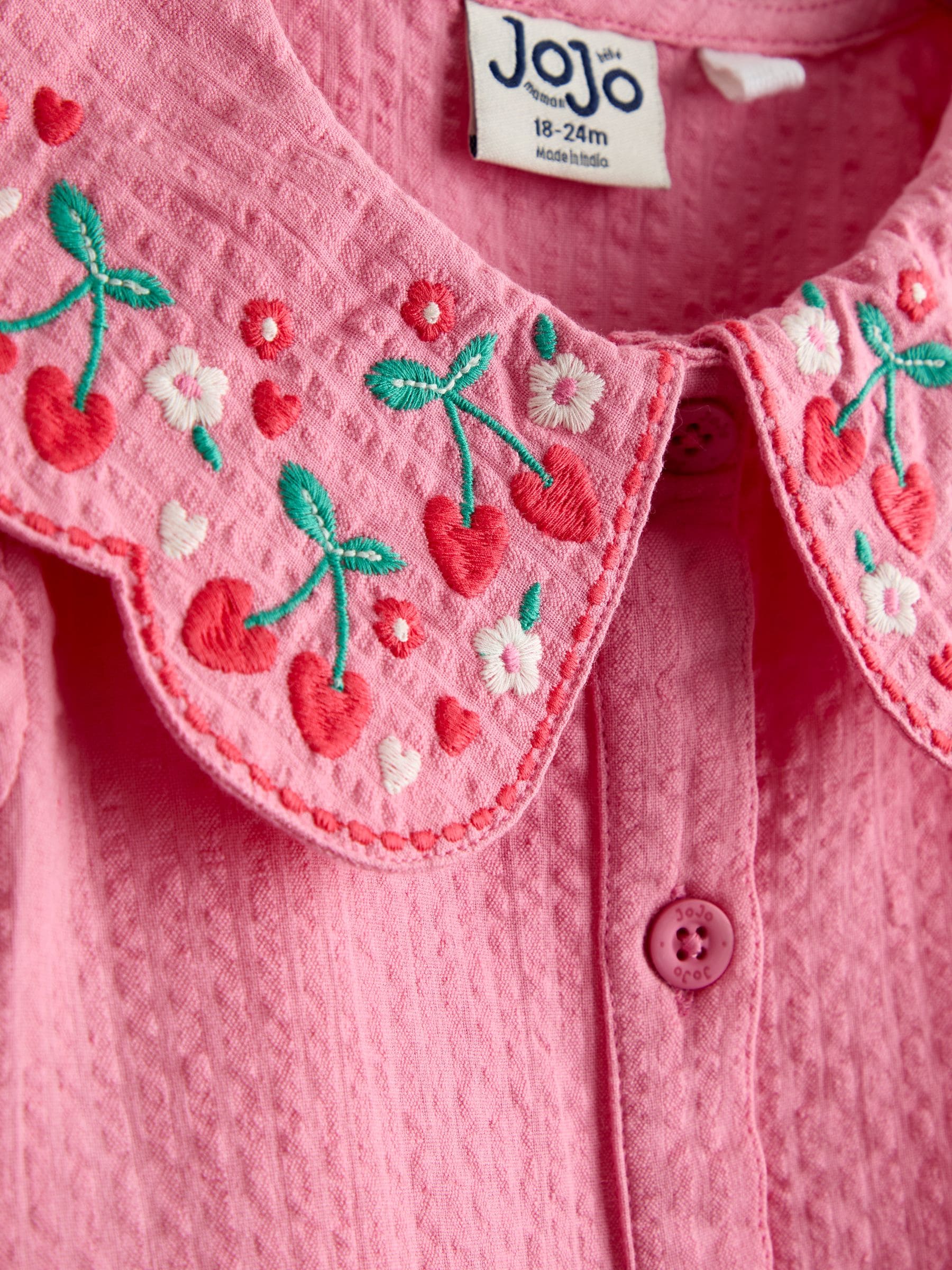JoJo Maman Bébé Pink Cherry Embroidered Collared Button Through Dress image 6