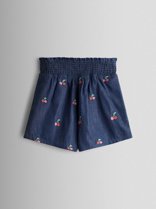 JoJo Maman Bébé Blue Chambray Cherry Smocked Waistband Embroidered Shorts image 1