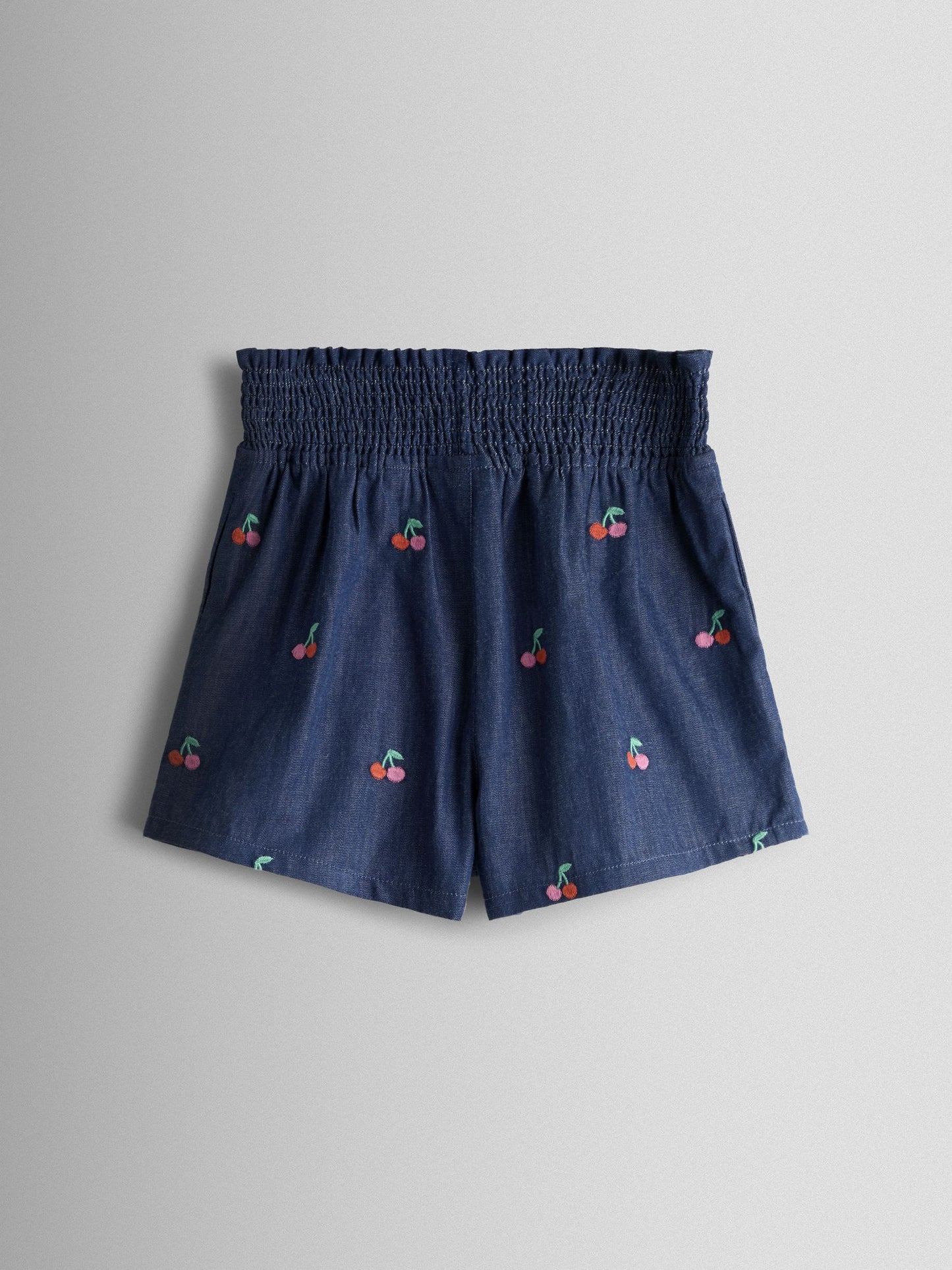 JoJo Maman Bébé Blue Chambray Cherry Smocked Waistband Embroidered Shorts image 2