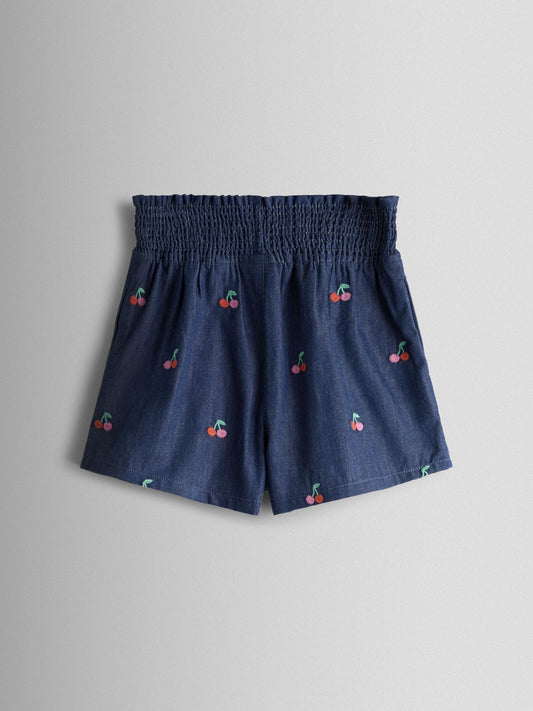 JoJo Maman Bébé Blue Chambray Cherry Smocked Waistband Embroidered Shorts image 2