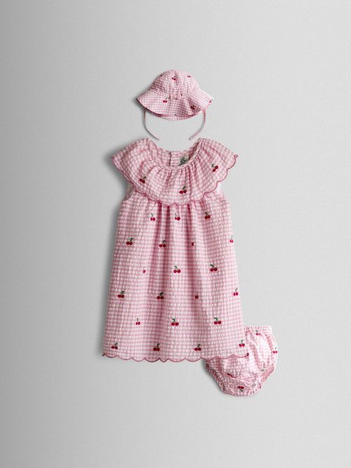 JoJo Maman Bébé Pink Cherry Embroidered Scalloped Baby Dress & Hat Set image 1
