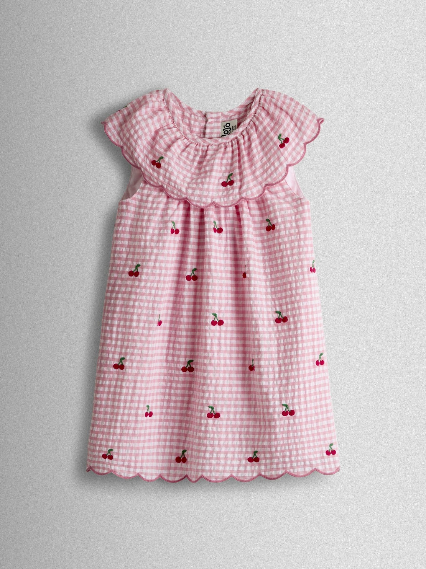 JoJo Maman Bébé Pink Cherry Embroidered Scalloped Baby Dress & Hat Set image 2