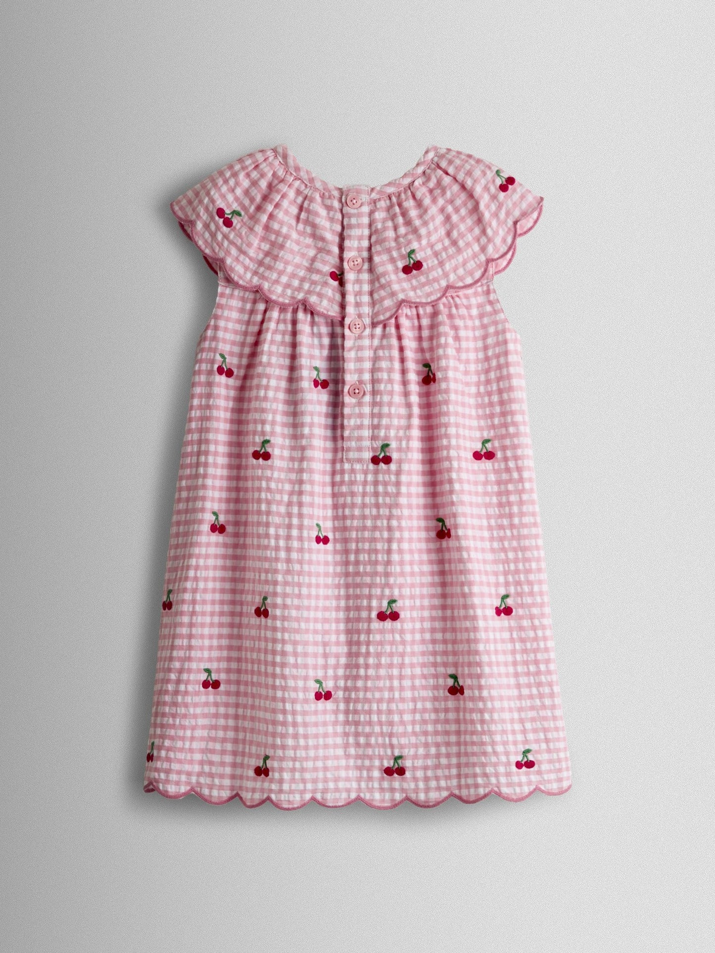 JoJo Maman Bébé Pink Cherry Embroidered Scalloped Baby Dress & Hat Set image 3