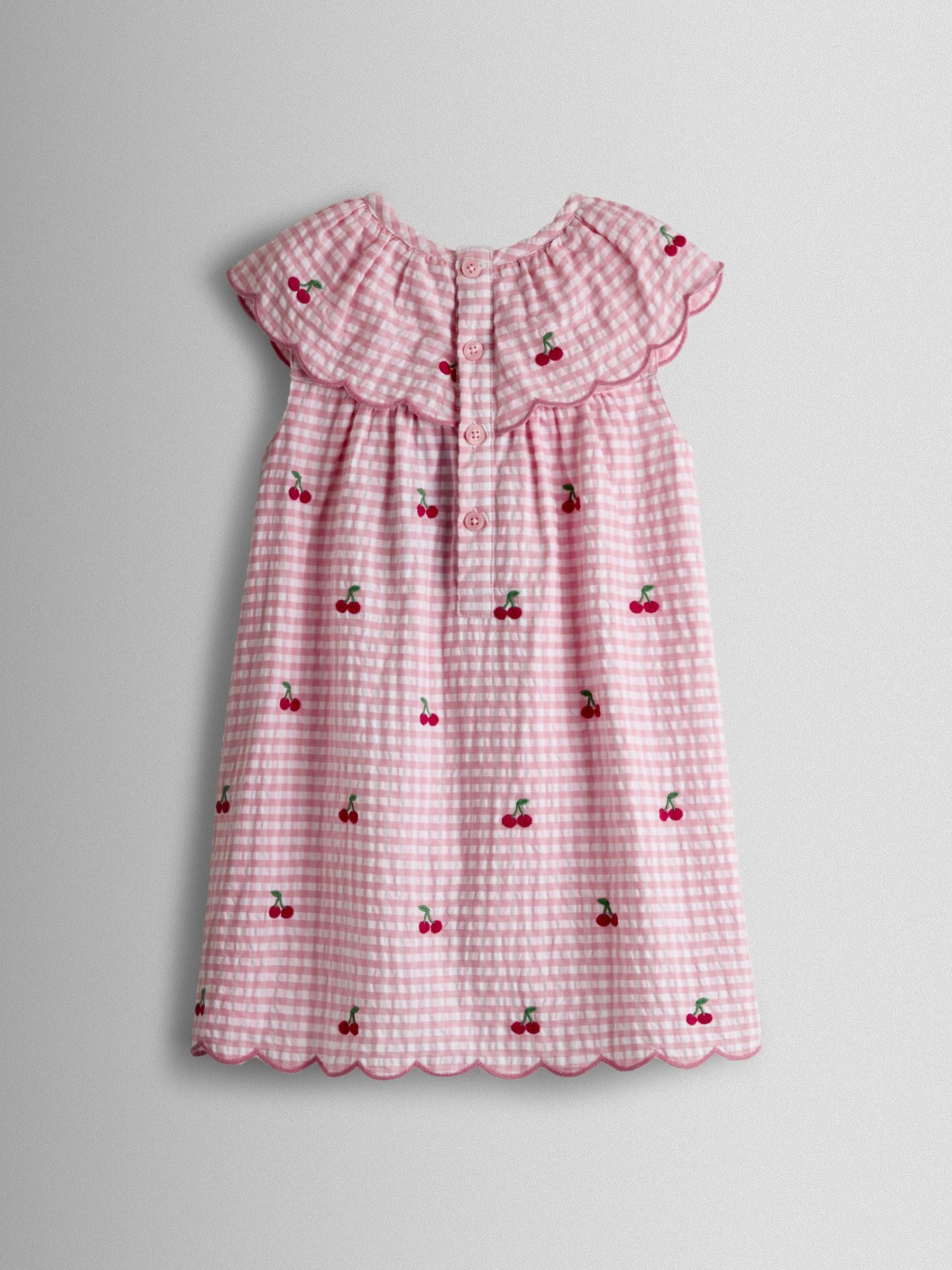 JoJo Maman Bébé Pink Cherry Embroidered Scalloped Baby Dress & Hat Set image 3