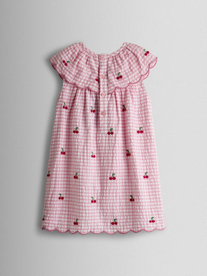 JoJo Maman Bébé Pink Cherry Embroidered Scalloped Baby Dress & Hat Set image 3