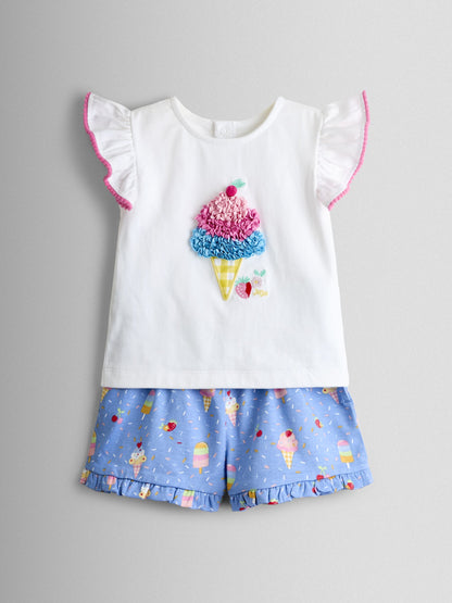 JoJo Maman Bébé Cobalt Blue Ice Cream Frill Sleeve Top & Short Set image 1