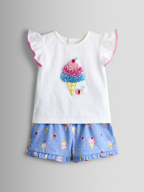 JoJo Maman Bébé Cobalt Blue Ice Cream Frill Sleeve Top & Short Set image 1