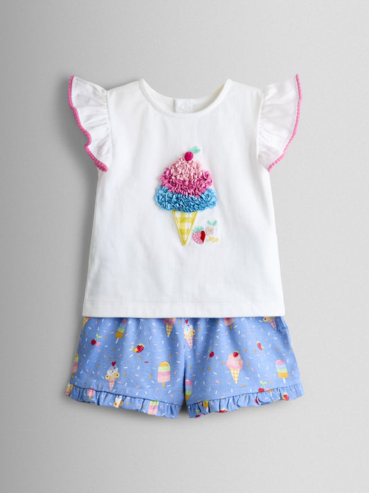 JoJo Maman Bébé Cobalt Blue Ice Cream Frill Sleeve Top & Short Set image 1