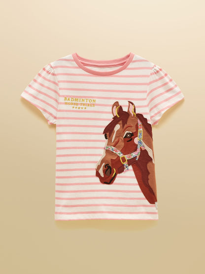 Joules Official Badminton Pink & Cream Stripe Horse Applique T-shirt image 1