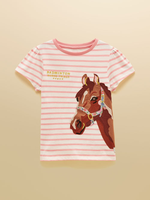Joules Official Badminton Pink & Cream Stripe Horse Applique T-shirt image 1