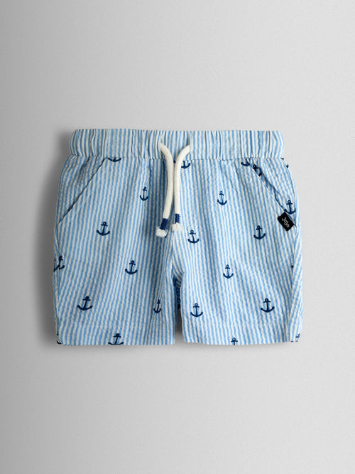 JoJo Maman Bébé Blue Anchor Embroidered Seersucker Shorts image 1