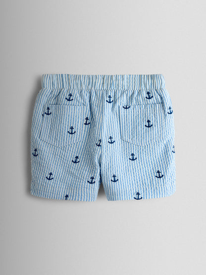 JoJo Maman Bébé Blue Anchor Embroidered Seersucker Shorts image 2