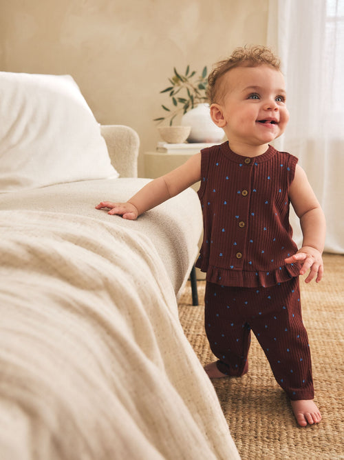 Dsiney Kidz - Chocolate Brown And Blue Spot Rib Baby Top And Wide Leg Trousers Set 2 Piece (0mths-2yrs) image 1