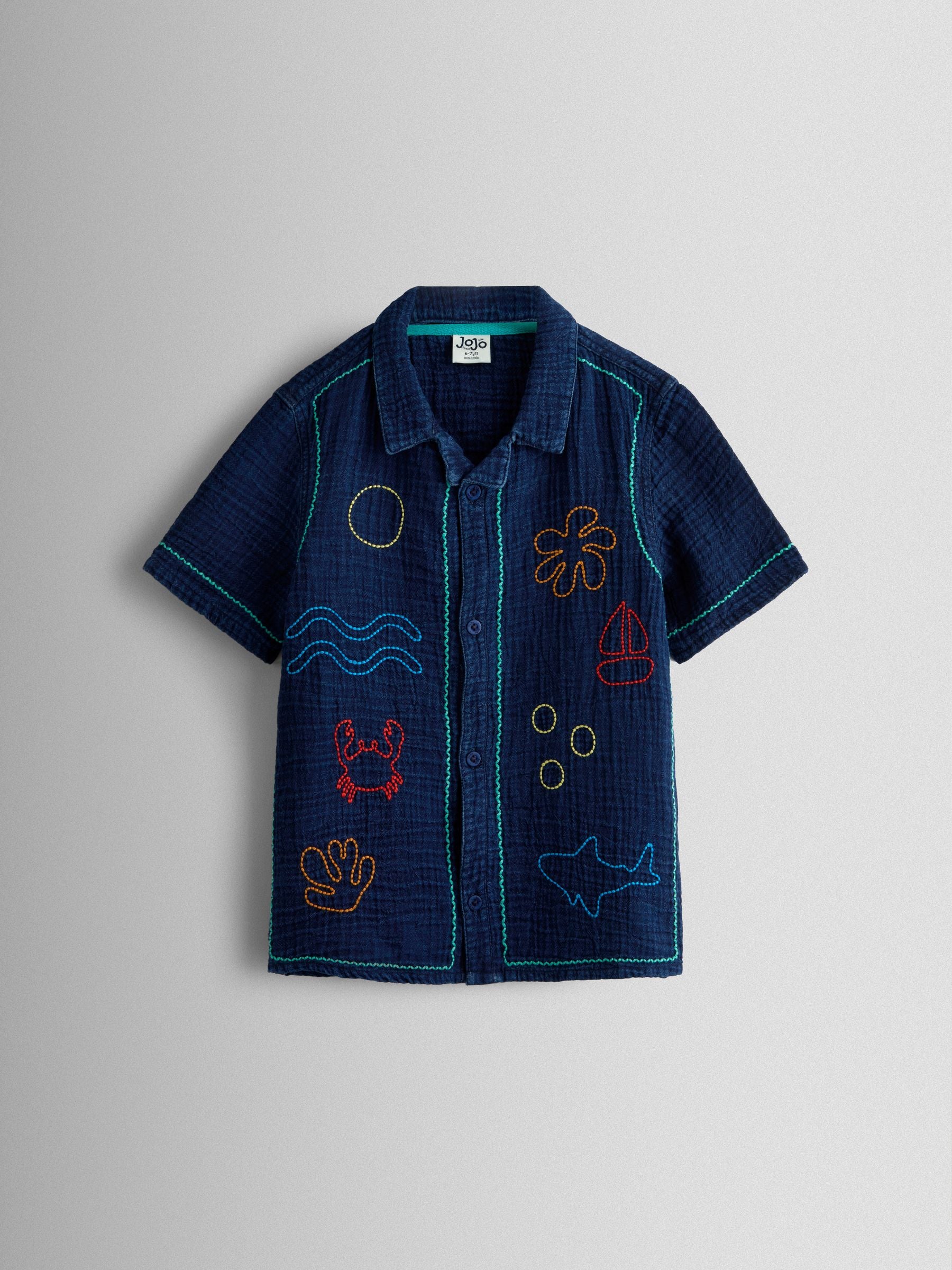 JoJo Maman Bébé Navy Blue Seaside Embroidered Cheesecloth Shirt image 2