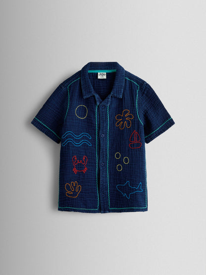 JoJo Maman Bébé Navy Blue Seaside Embroidered Cheesecloth Shirt image 2