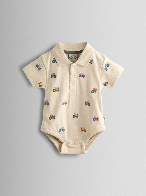 JoJo Maman Bébé Natural Tractor Embroidered Polo Body image 1