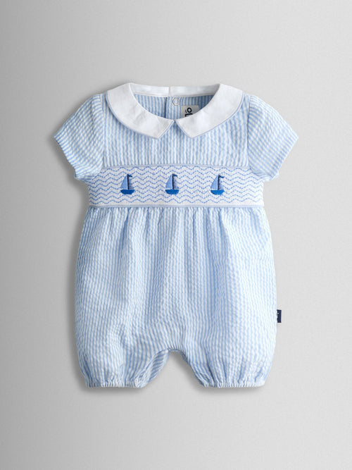 JoJo Maman Bébé Light Blue Boat Classic Smocked Romper image 1
