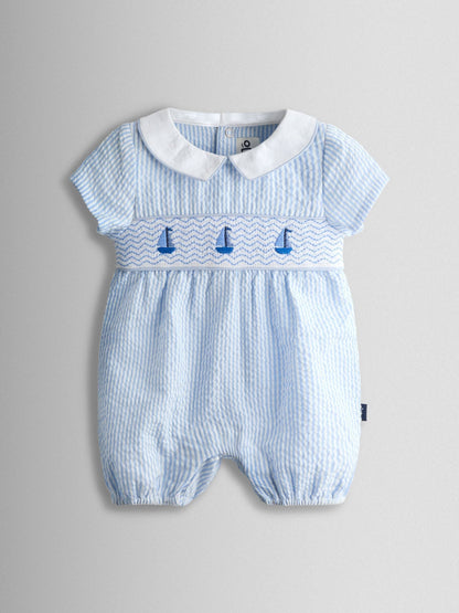JoJo Maman Bébé Light Blue Boat Classic Smocked Romper image 1