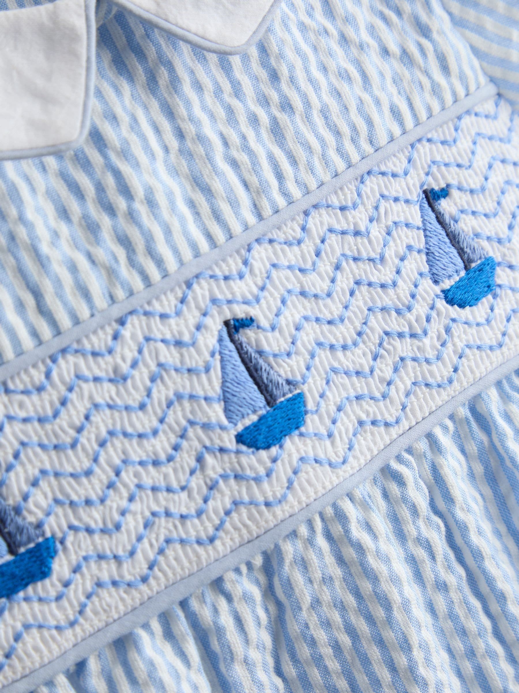 JoJo Maman Bébé Light Blue Boat Classic Smocked Romper image 3