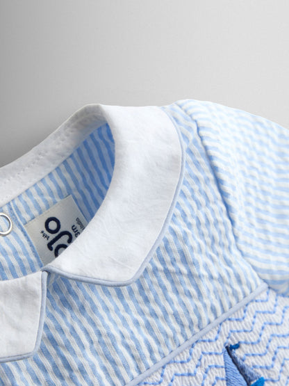JoJo Maman Bébé Light Blue Boat Classic Smocked Romper image 4