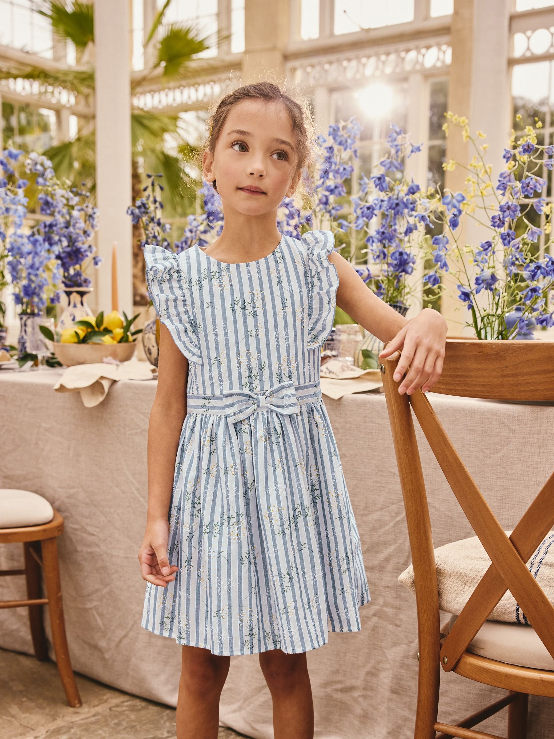 Blue Stripe Ruffle Sleeve Dress (3-16yrs) image 1
