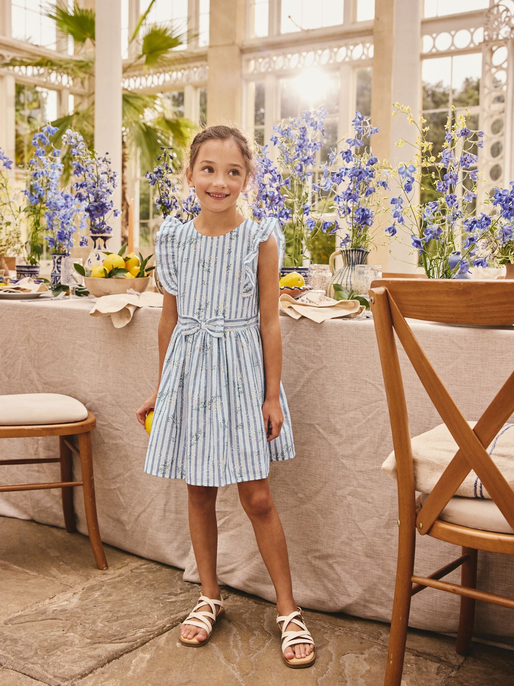 Blue Stripe Ruffle Sleeve Dress (3-16yrs) image 2