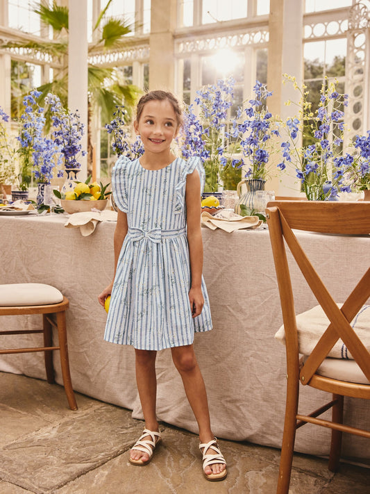 Blue Stripe Ruffle Sleeve Dress (3-16yrs) image 2