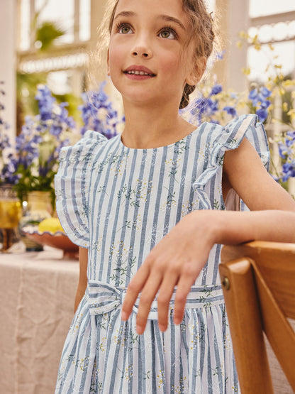 Blue Stripe Ruffle Sleeve Dress (3-16yrs) image 4