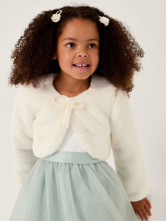 Monsoon Cream Marie Bow Faux Fur Shrug - image 1