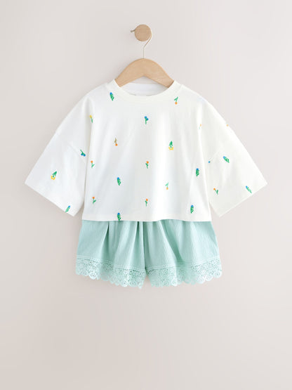 Dsiney Kidz - White Floral/Blue T-Shirt and Textured Shorts Set (3-16yrs) image 5