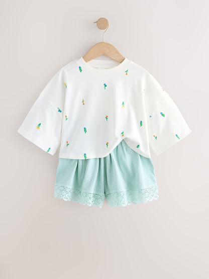 Dsiney Kidz - White Floral/Blue T-Shirt and Textured Shorts Set (3-16yrs) image 7