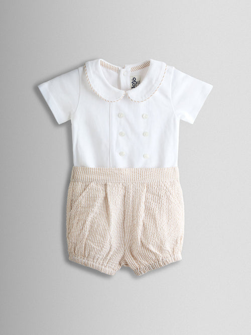 JoJo Maman Bébé White & Natural 2-Piece Classic Body & Stripe Short Set image 1