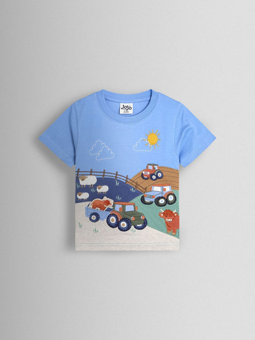 JoJo Maman Bébé Blue Farm Scene Appliqué T-Shirt image 1