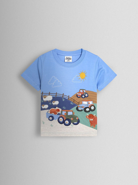JoJo Maman Bébé Blue Farm Scene Appliqué T-Shirt image 1