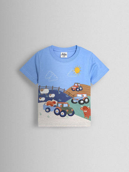 Dsiney Kidz - JoJo Maman Bébé Blue Farm Scene Appliqué T-Shirt image 1