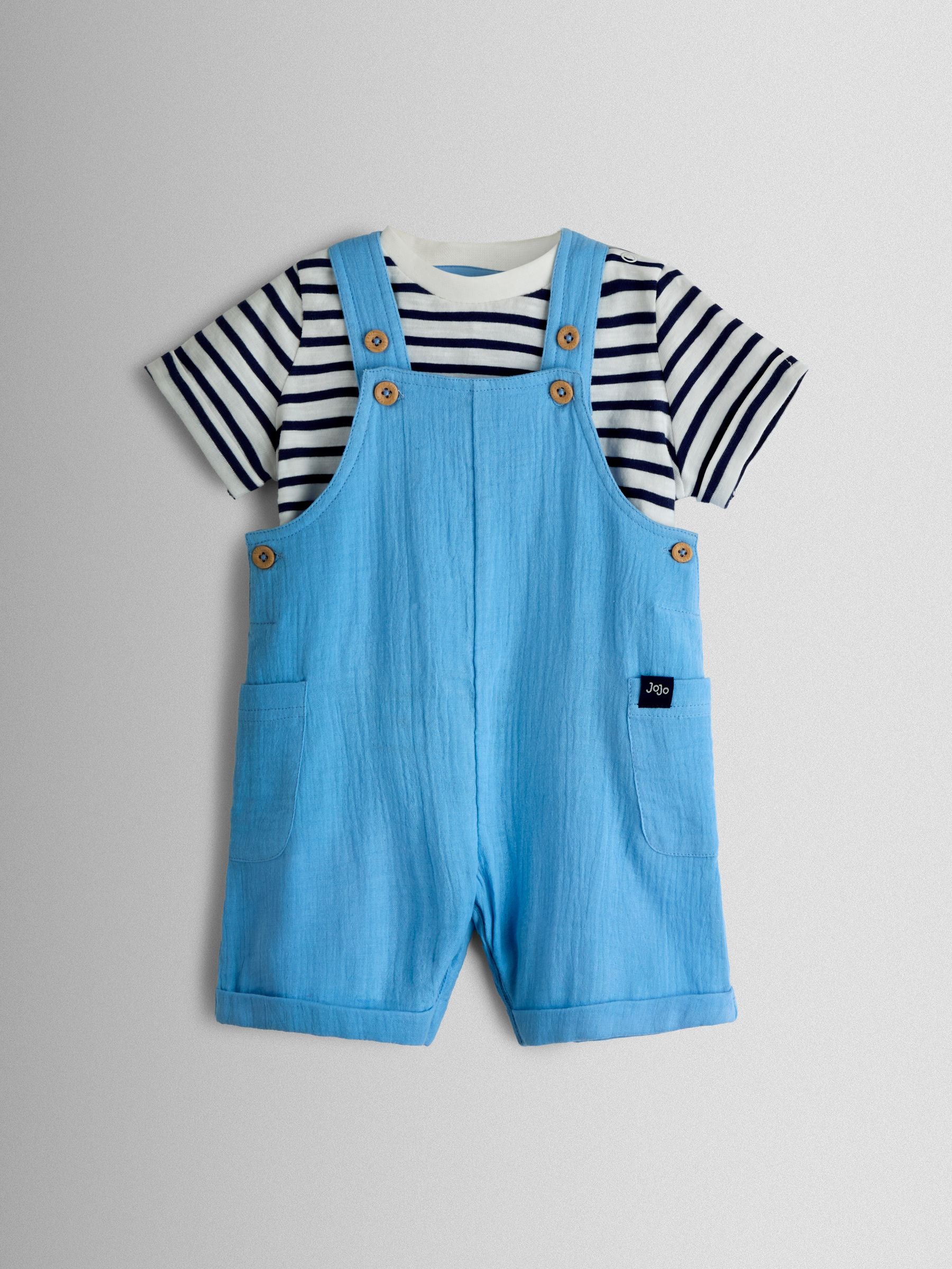 JoJo Maman Bébé Blue 2-Piece Cheesecloth Dungarees & T-Shirt Set image 1