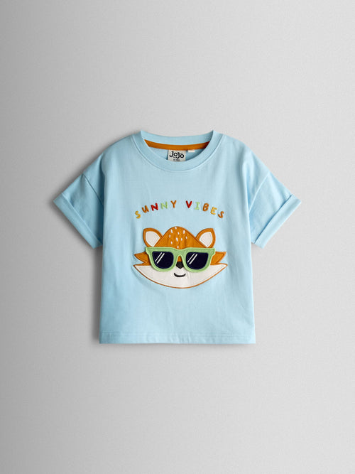 JoJo Maman Bébé Blue Fox Character Applique T-Shirt image 1