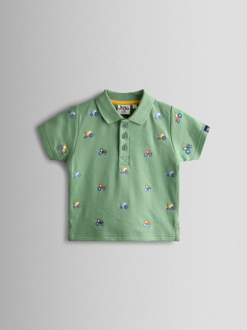 JoJo Maman Bébé Green Tractor Embroidered Polo Shirt image 1