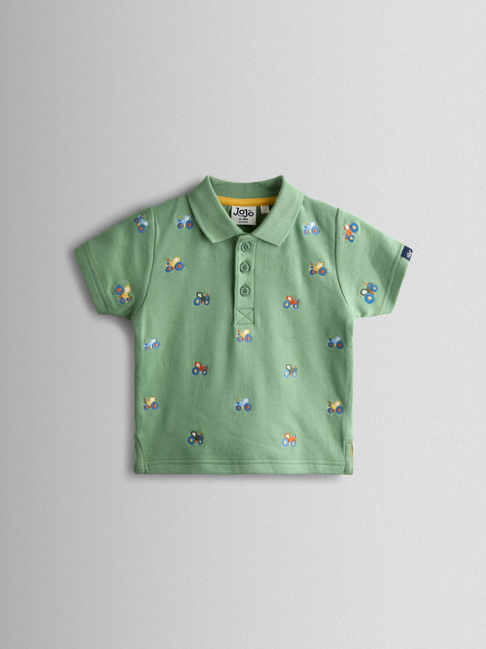 JoJo Maman Bébé Green Tractor Embroidered Polo Shirt image 1