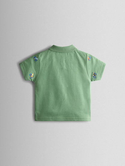 JoJo Maman Bébé Green Tractor Embroidered Polo Shirt image 2